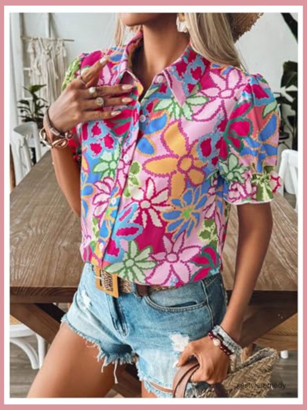 Floral Print Button Down Blouse Ruffle Short Puff Sleeve Boho Top - Picture 4 of 6